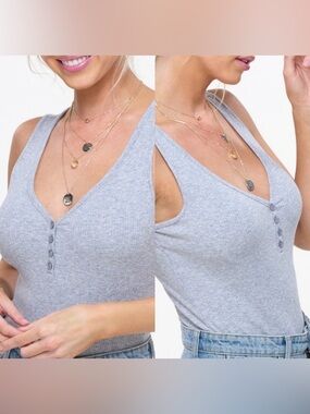 Button Up Ribbed Bodysuit / Heather Grey / S